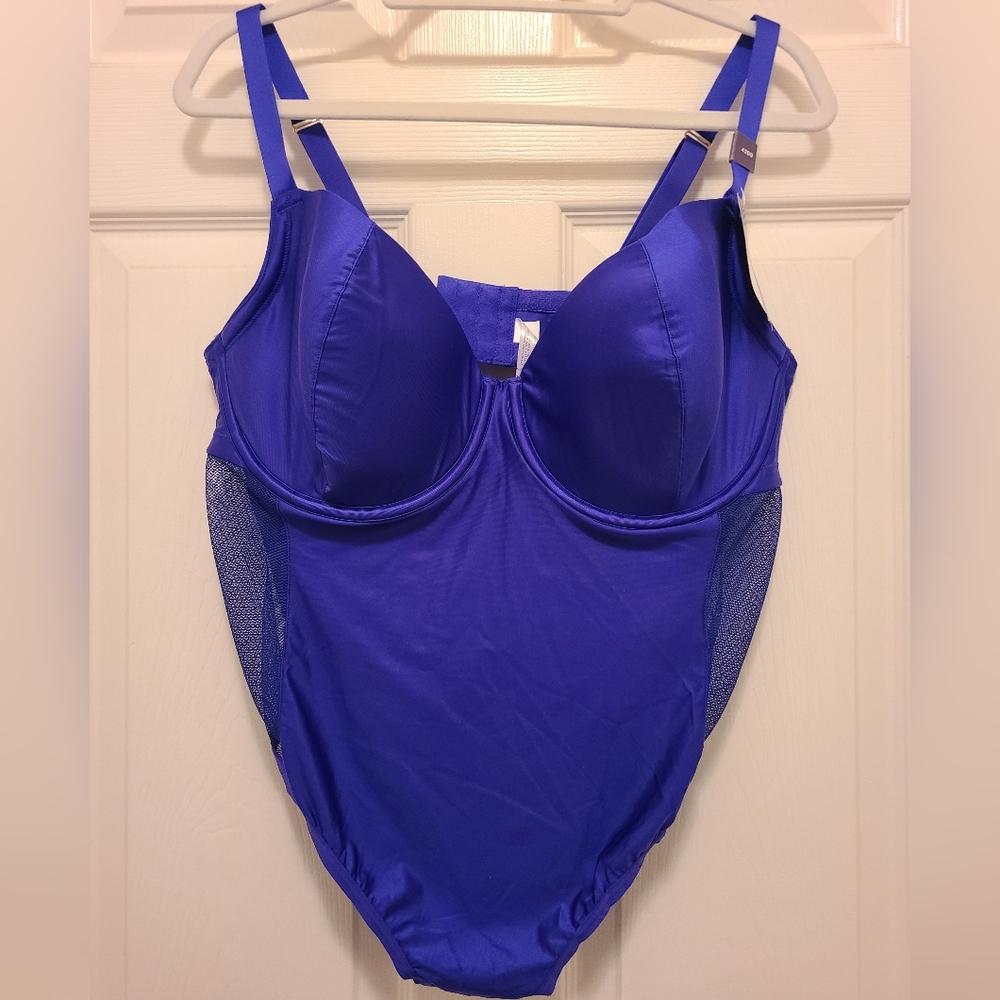 Cacique Vibrant Blue Mesh Underwire Bodysuit Thong Style